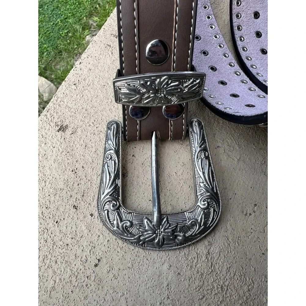 Brown Genuine Leather Western Studded Rhinestone Belt Women's Size XL - Picture 3 of 6